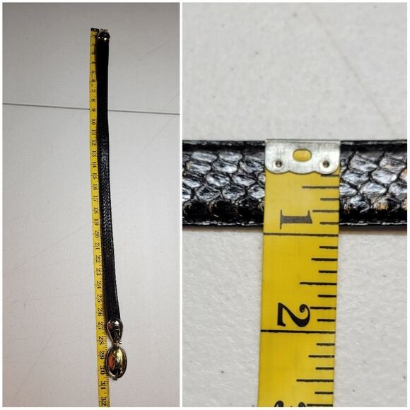 Vintage Black Snakeskin Leather Belt with Silver and Gold Toned Buckle